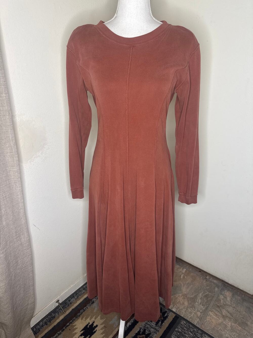 VTG 90s FADS Clay Red Cotton Long Sleeve Midi Dress Large Heavy Cotton Grunge